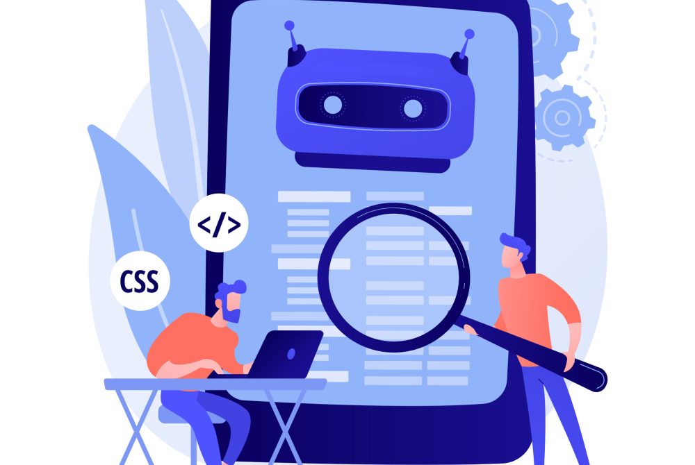 Java developer. Smartphone software. Javascript coding, writing application, css programming. Html source code tampering. Mobile program. Vector isolated concept metaphor illustration.